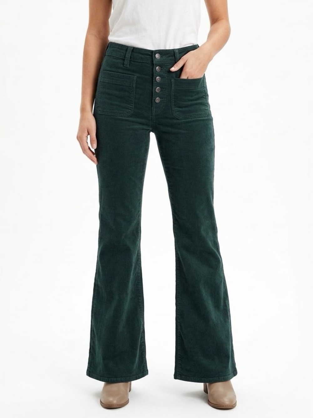 American Eagle Womens 4 Super Hi-Rise Flare Corduroy Pants Green Button Fly